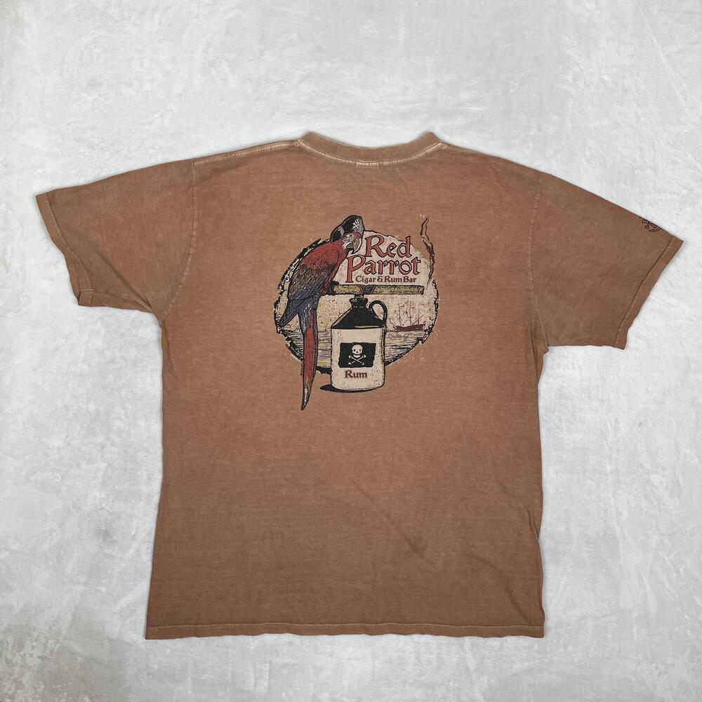 Vintage Red Parrot Cigar Rum Bar T-Shirt Mens Large Brown Pirate Graphic